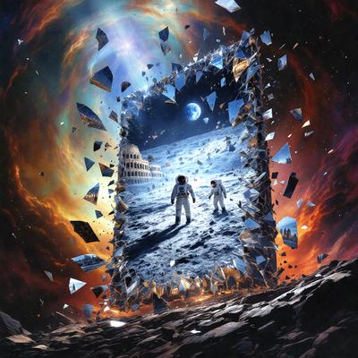 The primary subject of the image is a painting or digital artwork featuring two astronauts on the moon. The setting is a space scene with a backdrop of the moon, and the visual style is a combination of photo and digital art. The colors and mood of the image are predominantly dark and dramatic, with a focus on the contrast between the astronauts and the moon.
